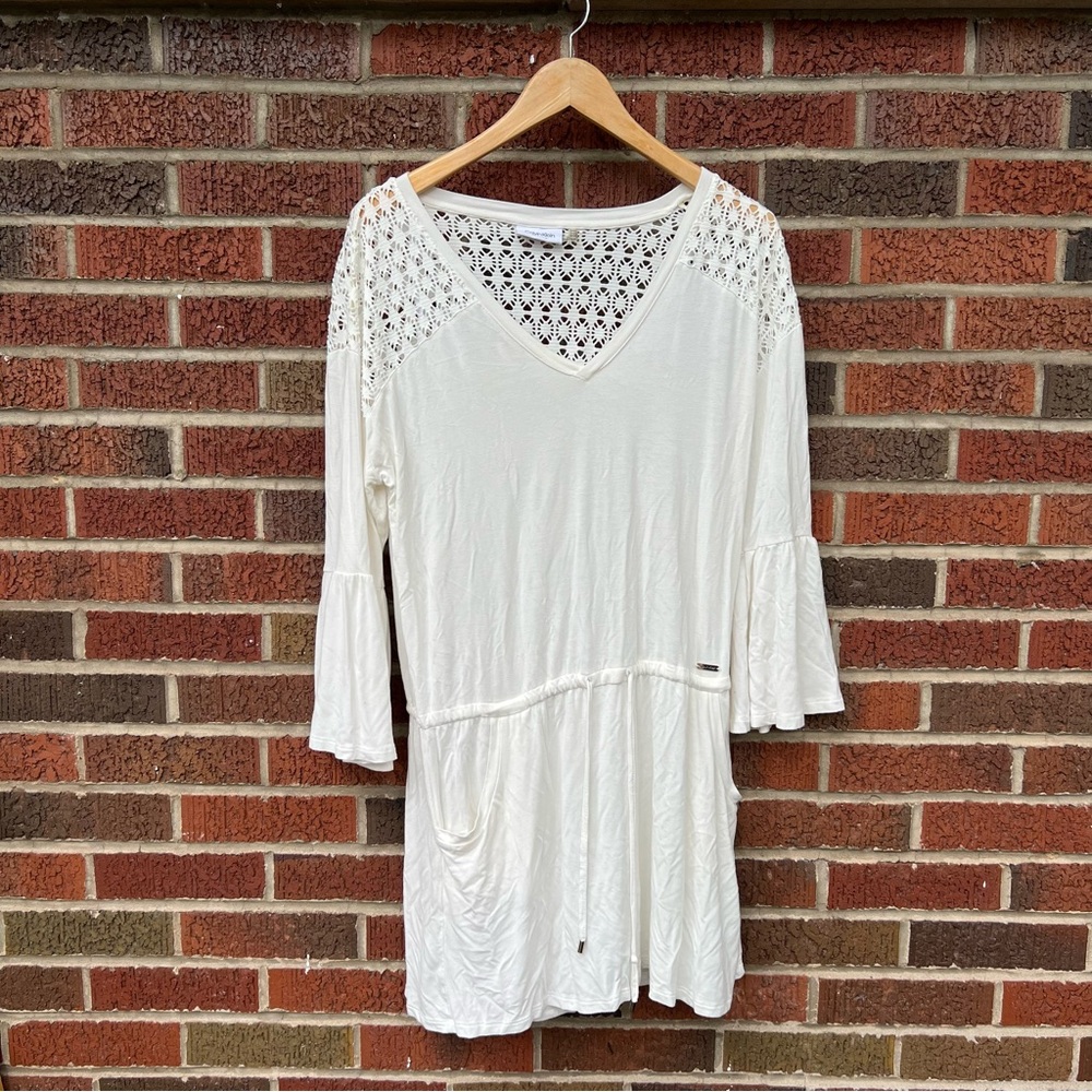 Calvin Klein Cream Lace Back Long Sleeve Bell Sleeve V Neck Swim Cover Up Dress